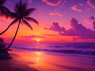 Fototapeta na wymiar Serene beach at sunset with waves gently lapping the shore, palm trees swaying in the breeze, and a colorful sky painted with shades of orange, pink, and purple.