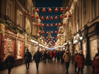 Streets decorated for christmas in european city in December, shoppers, movement blur, christmas concept