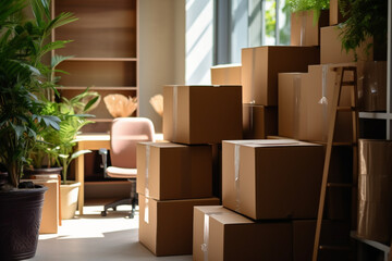 Cardboard boxes and furniture near stairs in office, Moving day