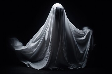 Naklejka premium Eerie white ghost costume merges with dark, spooky background. Halloween spirit and mystery in the shadows.