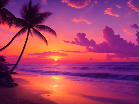 Serene beach at sunset with waves gently lapping the shore, palm trees swaying in the breeze, and a colorful sky painted with shades of orange, pink, and purple.