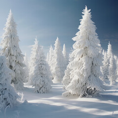 Christmas trees in the snow. Snow is falling in the forest. generative ai