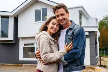 A happy couple stands proudly together in front of their new big, warm, and inviting home.