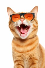 Portrait of happy laughing ginger cat in sunglasses, on white background
