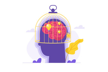 Limitation of thinking, brain in prison, mind closed to new ideas concept. Flat Vector illustrations for banner, website, landing page, flyer.