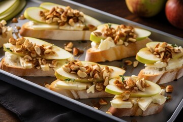 toasted baguette slices with pear toppings on tray
