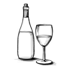 Wine bottle, and glass (cork) - Hand drawn illustration, black pencil, transparent PNG