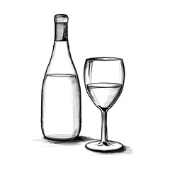 Wine bottle, and glass - Hand drawn illustration, black pencil, transparent PNG