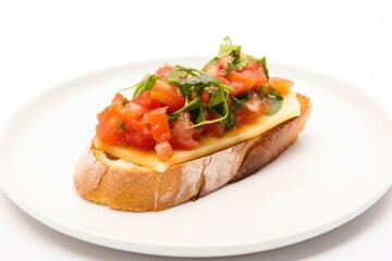 bruschetta with smoked gouda on minimalist white background