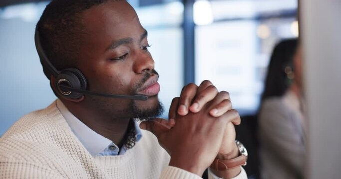 Call center, burnout and frustrated black man in office annoyed while consulting for faq, crm or contact us, Telemarketing, stress and male consultant with anxiety, glitch or customer service fail