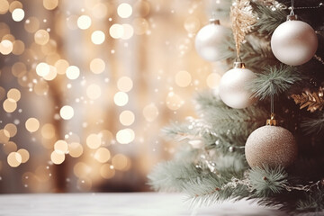 Christmas tree with beautiful decor indoors, closeup, Space for text