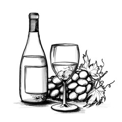 Wine arrangement, Bottle, glass, fruit (white label)- Hand drawn illustration, black pencil, transparent PNG