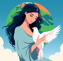 Vector flat illustration. Peace Day. World peace. A girl with a dove in her arms against the backdrop of the globe. Hands and dove of peace. Elements for Postcard, Poster, Flyer Banner