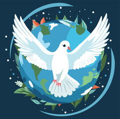 Vector flat illustration. International Day of Peace. A dove with outstretched wings against the background of the planet Earth. Peace sign, dove