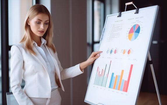 Businesswoman standing close to a flip chart with chart and looking to the camera