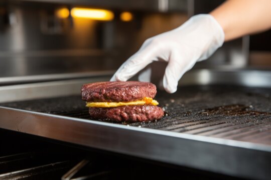 hand flipping a burger patty on a hot griddle