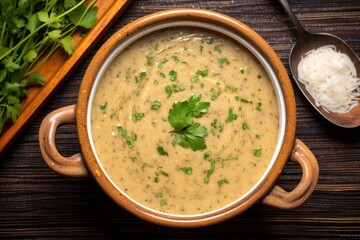 birds eye view of an onion-laden detox soup