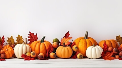Autumn background with pumpkins and colorful leaves. Top view, copy space
