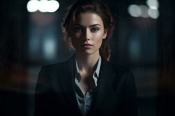 A smart Businesswoman is dressed in a sleek black suit, exuding a professional and government agent vibe, against a dark and hazy background, with rain falling in the backdrop.