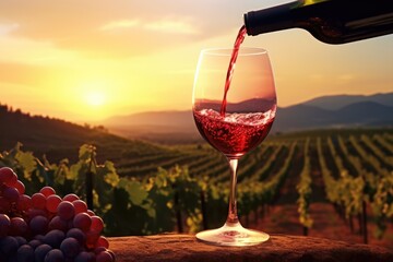 pouring of wine into glass on vineyard background