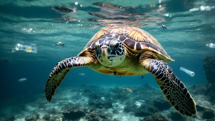 Sea turtle swimming along with the garbages and plastic bottles on the sea