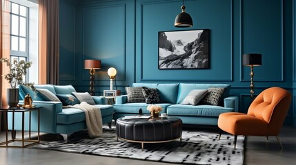 Black and white patterned carpet in trendy blue living room

