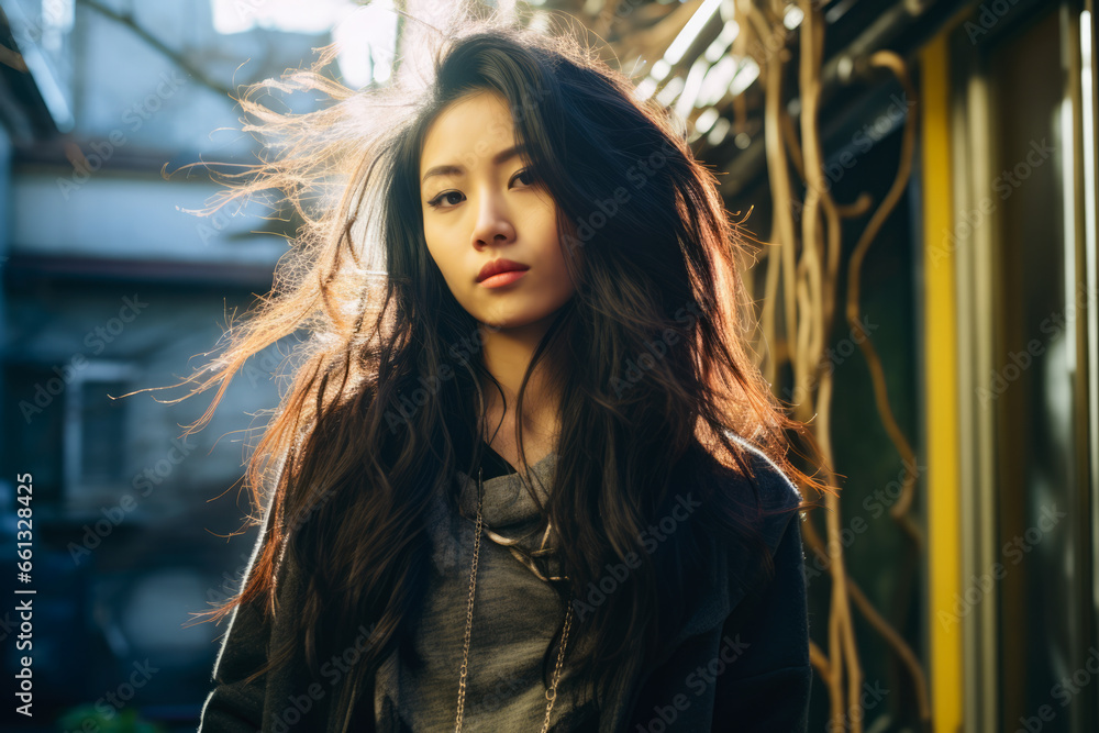 Wall mural Young Japanese woman in urban clothes