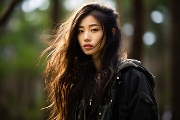 Naklejka premium Young Japanese woman in urban clothes