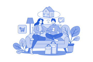 Couple sitting on the sofa and thinking about the goods they want to buy