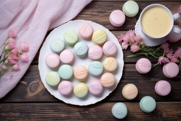 overhead view of pastel macarons on a wooden table