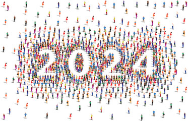 Happy New Year 2024. A Large group of people form to create 2024. Vector illustration.