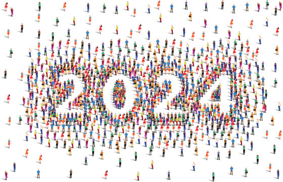 Happy New Year 2024. A Large group of people form to create 2024. Vector illustration.