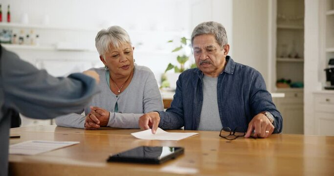 Home, senior couple and paperwork with investment, insurance and planning in a living room. Worker, elderly woman and old man with documents, contract or mortgage with conversation, pension or budget