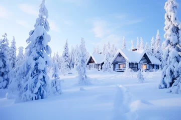 Fototapeten White snowy Lapland landscape at blue hour, Finland. Winter and Christmas travels to Arctic. © Clàudia Ayuso