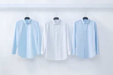light blue and white color men's long-sleeved shirts, blue tones, hanging on the wall, white background