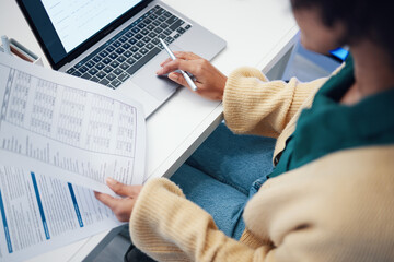 Closeup, finance and woman with documents, laptop and accounting with budget, planning and...