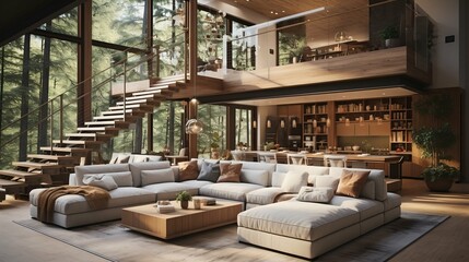 Modern living room with mezzanine
 - obrazy, fototapety, plakaty