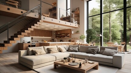 Modern living room with mezzanine
 - obrazy, fototapety, plakaty