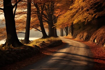 Beautiful autumn landscape with colorful forest and road. Magical atmosphere.