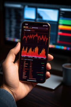 Close up hand business hold mobile phone and stock market graph on screen