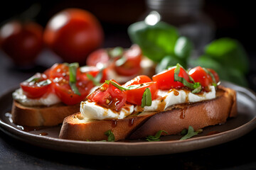 Mozzarella bruschetta with tomato and basil on table