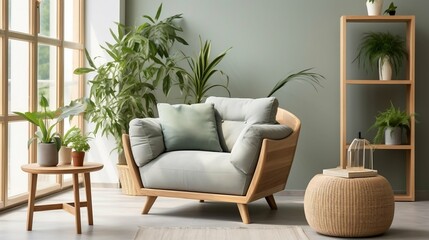 Pouf and gray armchair in spacious living room