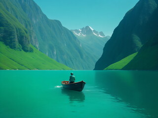 Boat on the lake, Man in a small boat, surrounded by a vast expanse of emerald-green mountains and a deep blue ocean.