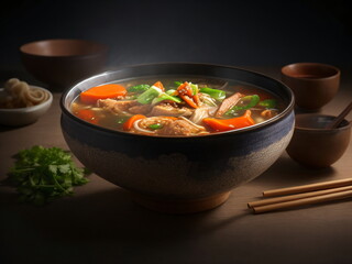 Ultra-realistic image of Chinese soup in a bowl, studio lighting, food, soup, dark backrgound