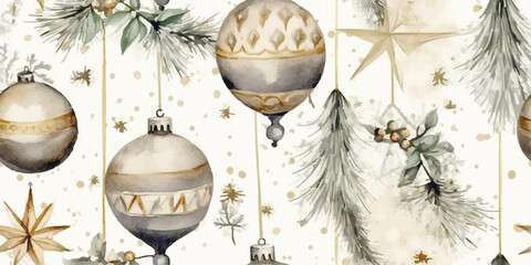 Christmas vintage watercolor seamless pattern on white with retro balls, vector holiday background in flat style for fabric, textile, wrapping paper, wallpaper