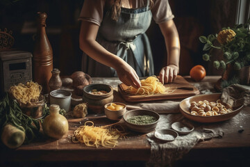 A woman is hand-making pasta in the kitchen. Created with Generative AI technology. - obrazy, fototapety, plakaty