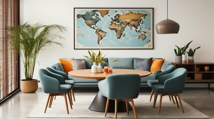 Eclectic dining room with stylish map poster, unique chairs