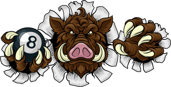 A wild boar, hog razorback warthog pig mean tough cartoon sports mascot holding a pool black eight ball
