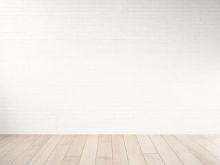 Fototapeta premium White bricks wall texture background with wood floor, minimal background, wall texture, Mockup