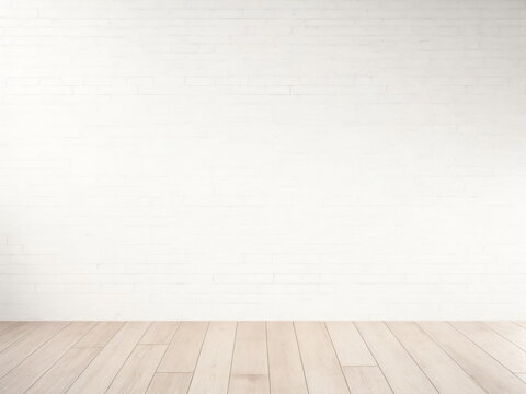 White bricks wall texture background with wood floor, minimal background, wall texture, Mockup